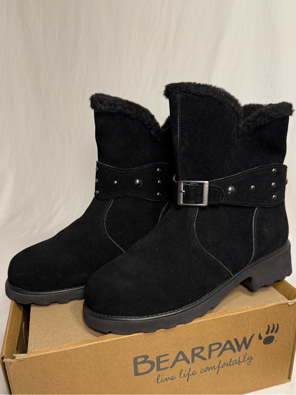 BearPaw “Kathleen” Black Suede Shearling Ankle Boots with Studded Strap